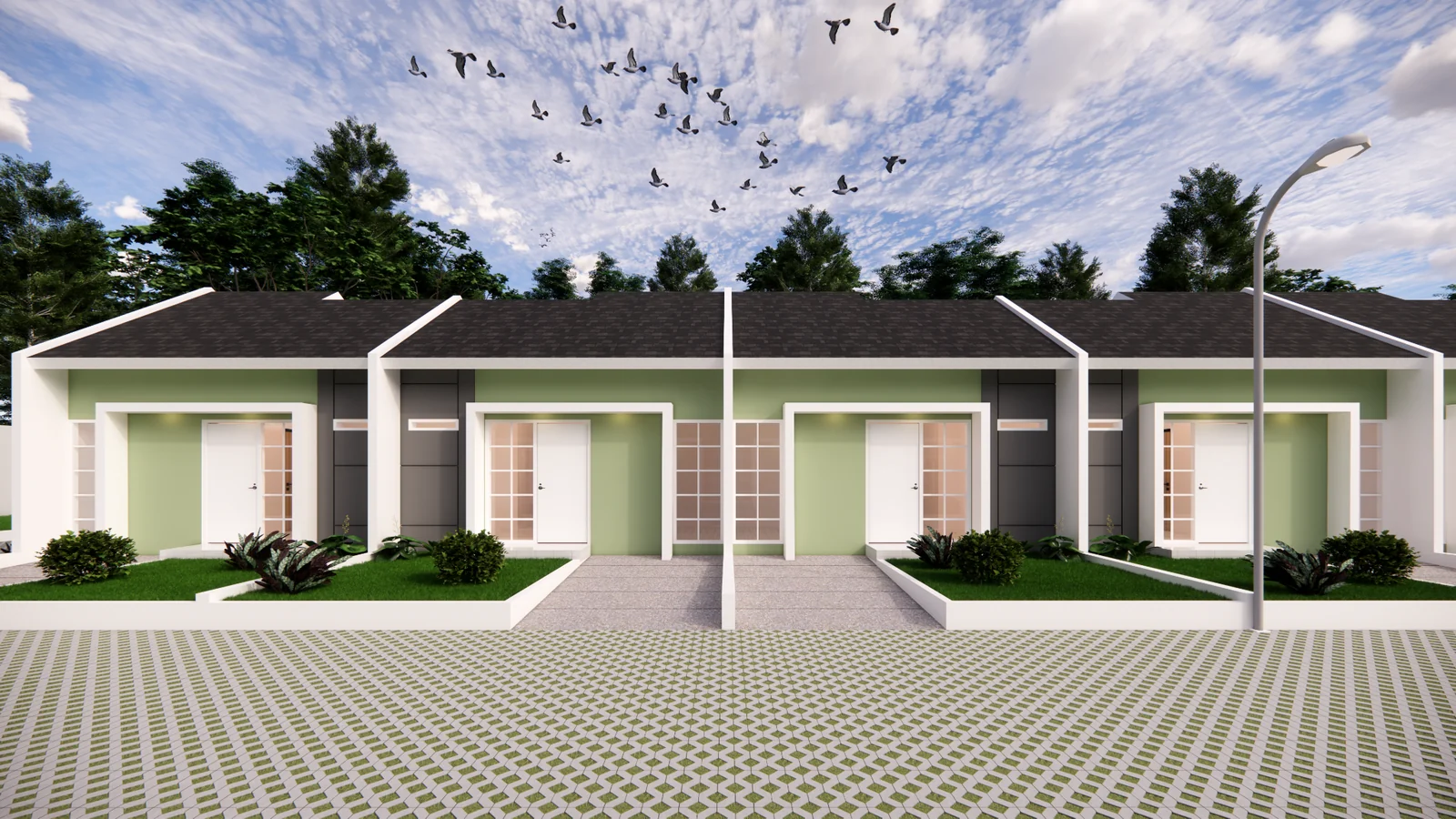 Visualisasi deretan rumah Green Amartha Residence dengan taman di depan rumah