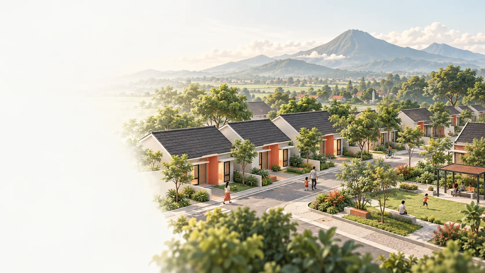 Ilustrasi kawasan hunian dengan rumah, pepohonan, ruang bersama, dan aktivitas warga